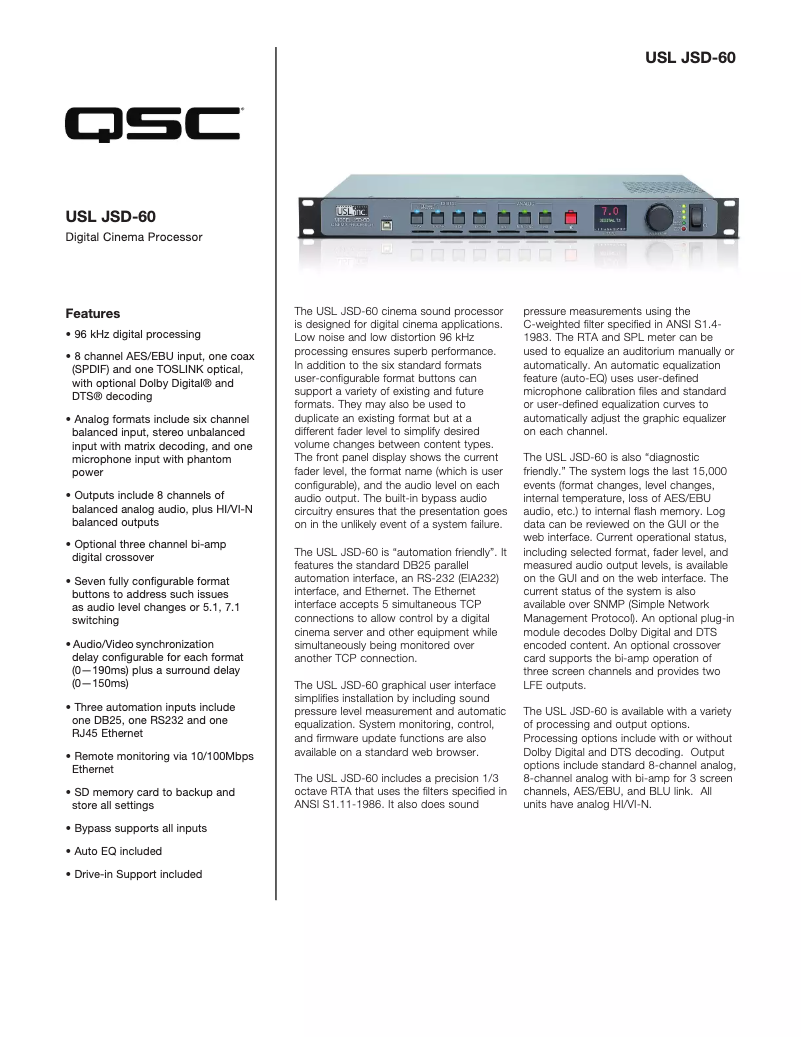 Page 1 de la notice Fiche technique QSC USL JSD-60