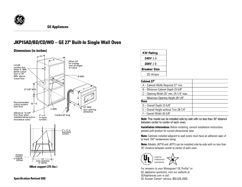 Página 1 del manual Ficha técnica GE JKP15CDCC