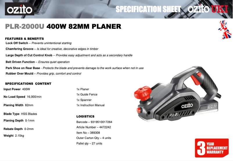 Página 1 del manual Ficha técnica Ozito PLR-2000U