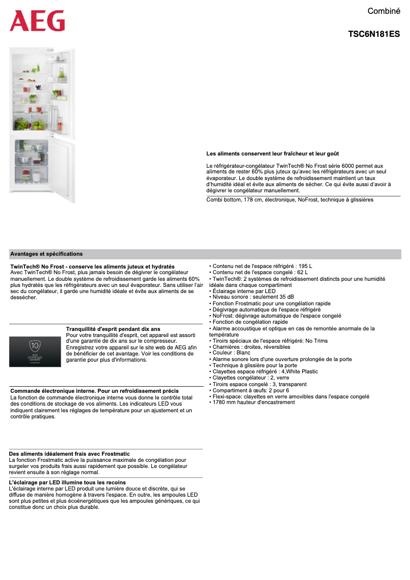 Page n°1 - Fiche technique AEG TSC6N181ES