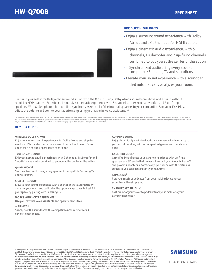 Page 1 de la notice Fiche technique Samsung HW-Q700B