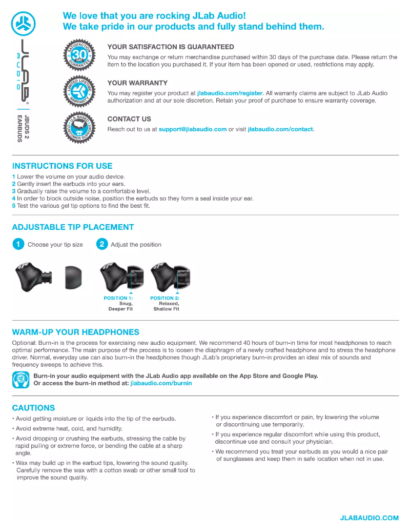 Page 1 de la notice Manuel utilisateur JLab JBuds2 Signature
