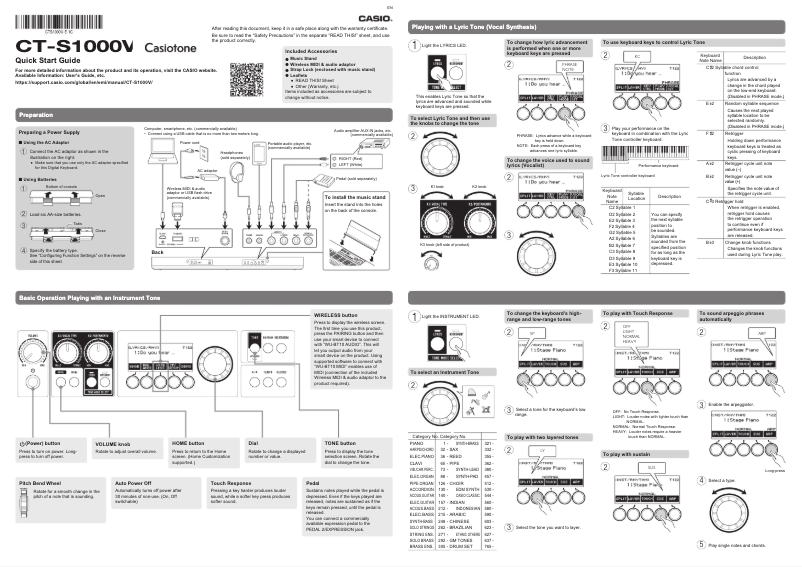 Page n°1 - Guide de démarrage rapide Casio Casiotone CT-S1000V