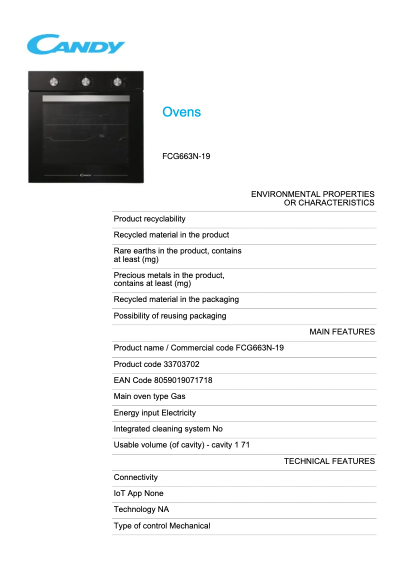 Page 1 de la notice Fiche technique Candy FCG663N-19