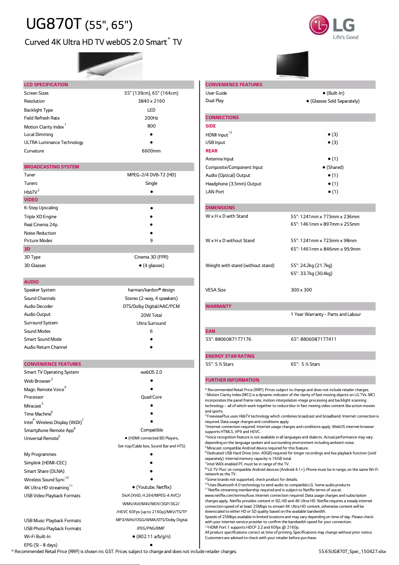 Page 1 de la notice Fiche technique LG 55UG870T