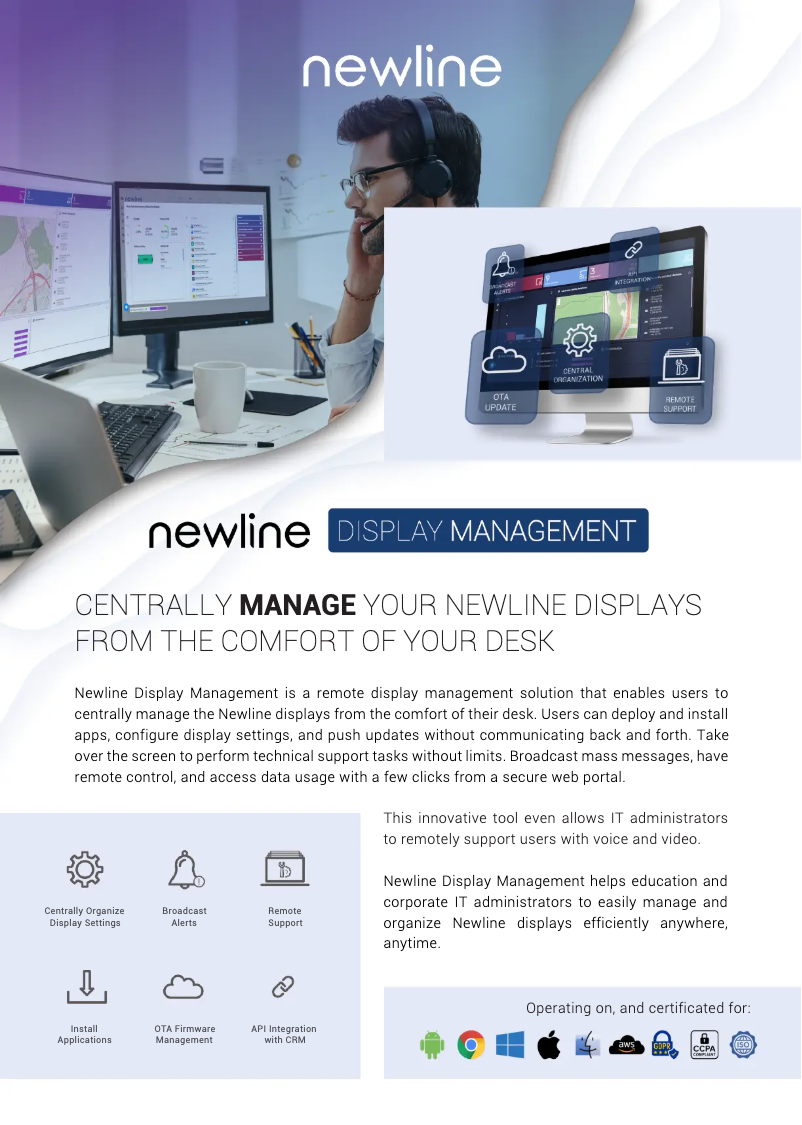 Page 1 de la notice Fiche technique Newline Display Management