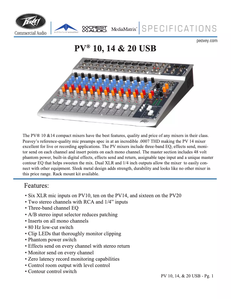 Page 1 de la notice Fiche technique Peavey PV 20 USB