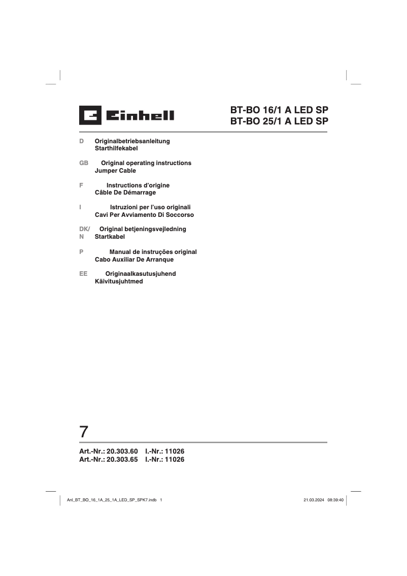 Page n°1 - Manuel utilisateur Einhell BT-BO 25/1 A LED SP