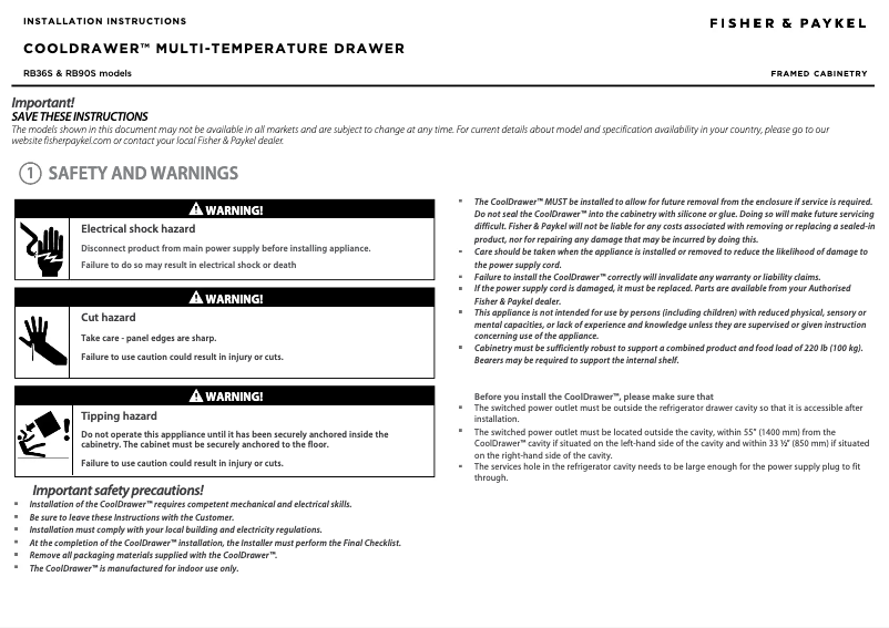 Page 1 de la notice Instructions / montage Fisher & Paykel RB36S25MKIWN1