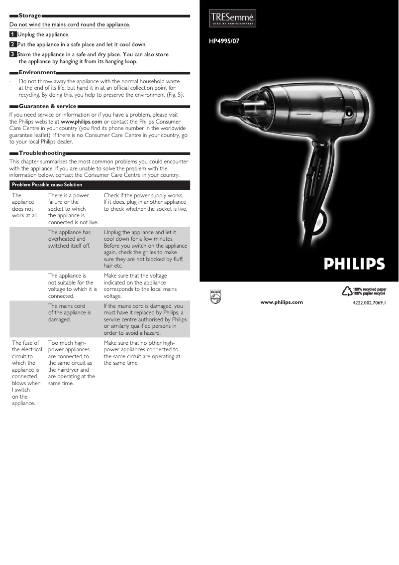 Page 1 of the manual User Manual Philips Tresemme HP4995