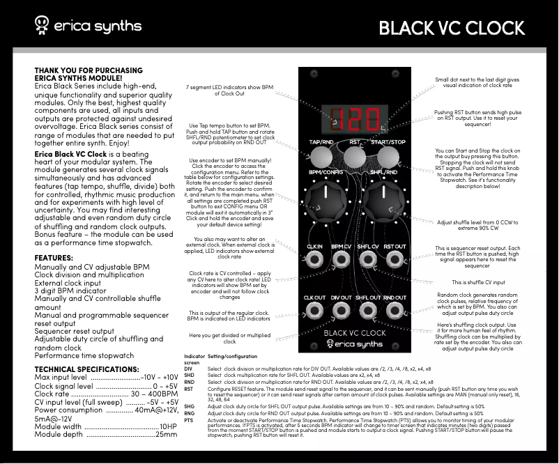 Page 1 de la notice Manuel utilisateur Erica Synths Black VC Clock v2