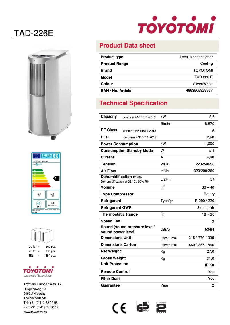 Page n°1 - Fiche technique Toyotomi TAD-226E