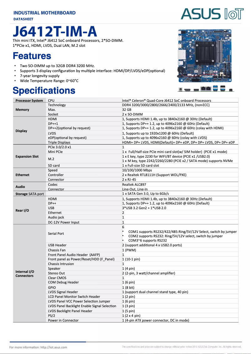 Page 1 de la notice Fiche technique Asus J6412T-IM-A