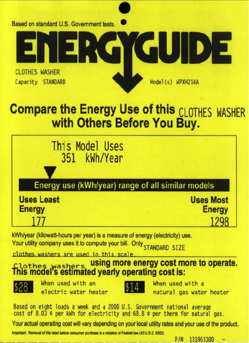 Page n°1 - Label énergétique GE Profile WPXH214AWW