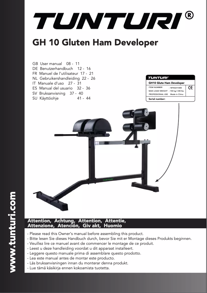Page 1 de la notice Manuel utilisateur Tunturi Glute Ham Developer GH10