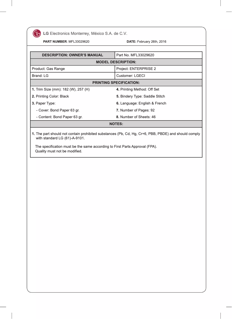 Page 1 de la notice Manuel utilisateur LG LRG3085ST