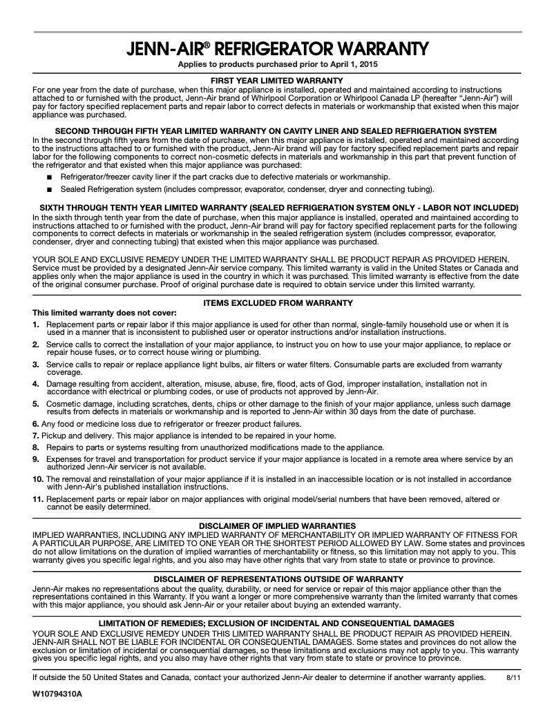 Página 1 del manual Información de garantía JennAir JFC2089BEP