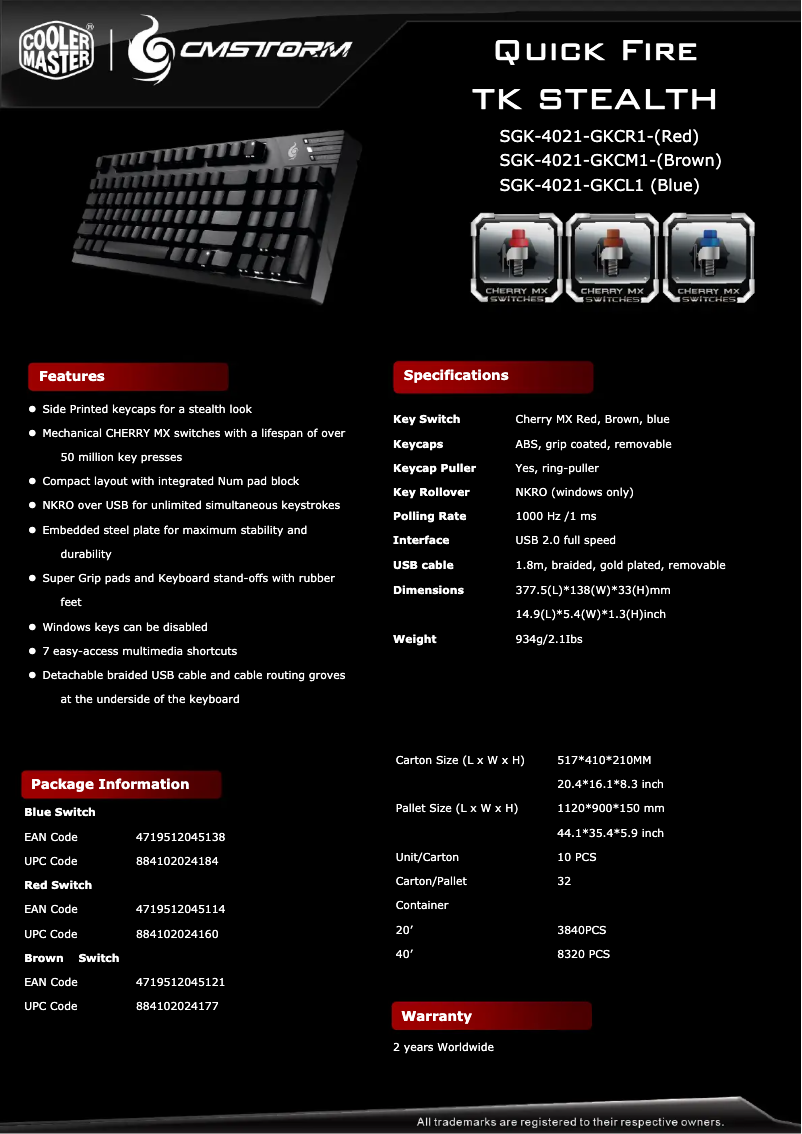 Page 1 de la notice Fiche technique Cooler Master Quick Fire TK Stealth