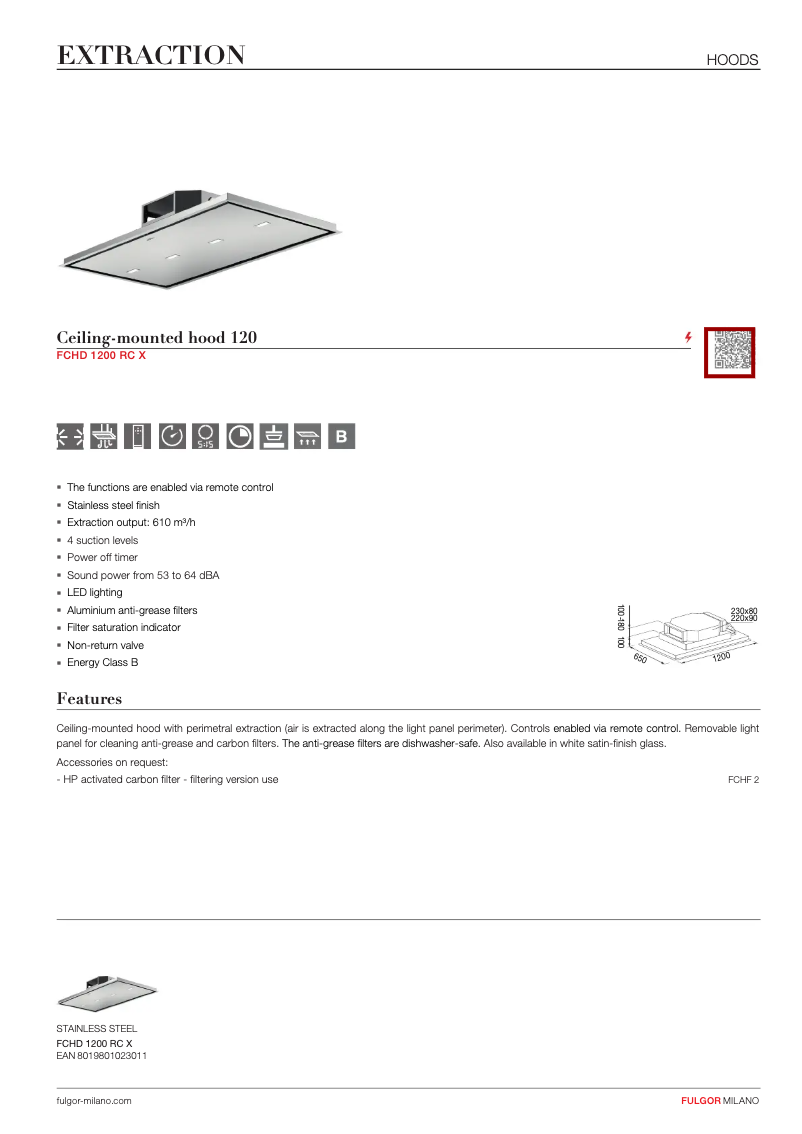 Page 1 de la notice Fiche technique Fulgor Milano FCHD 1200 RC X