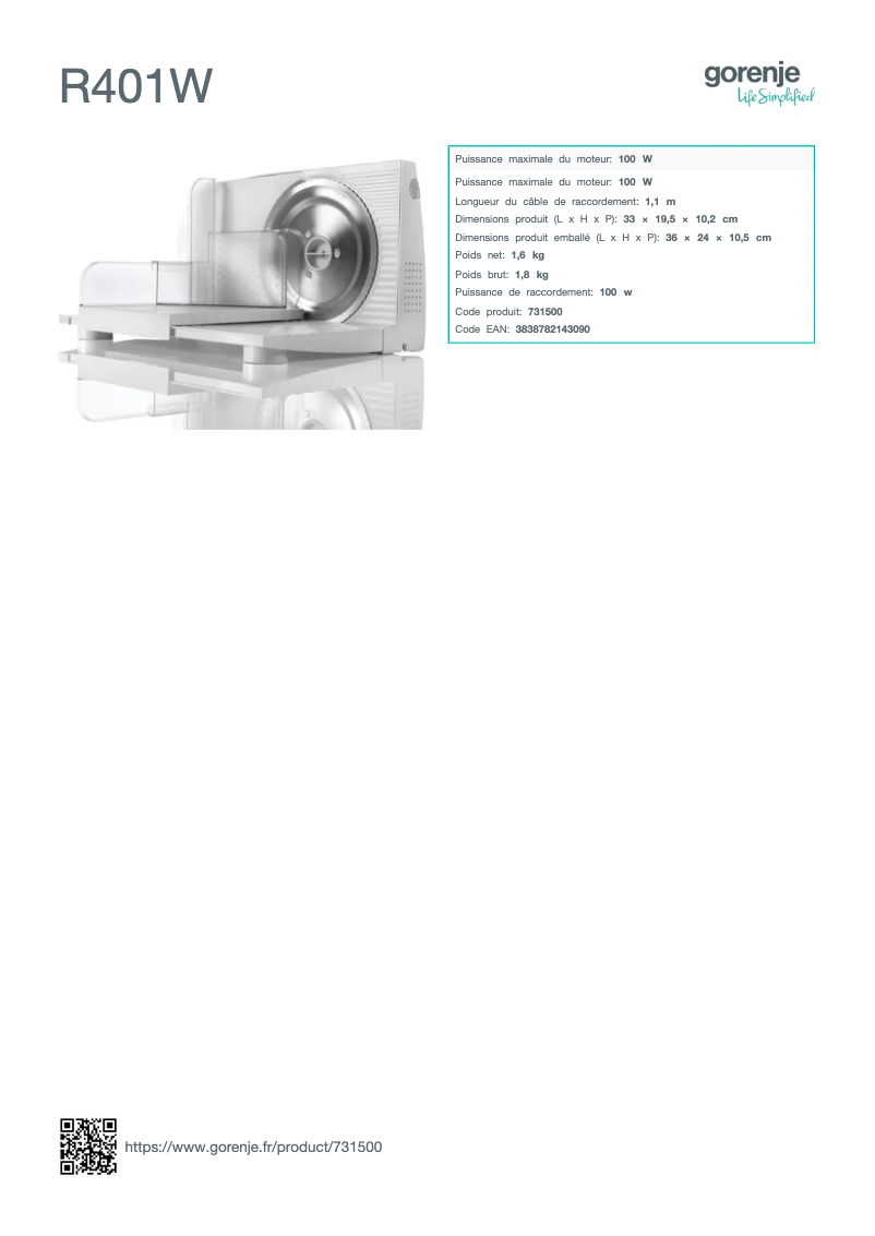 Page 1 de la notice Fiche technique Gorenje R401W