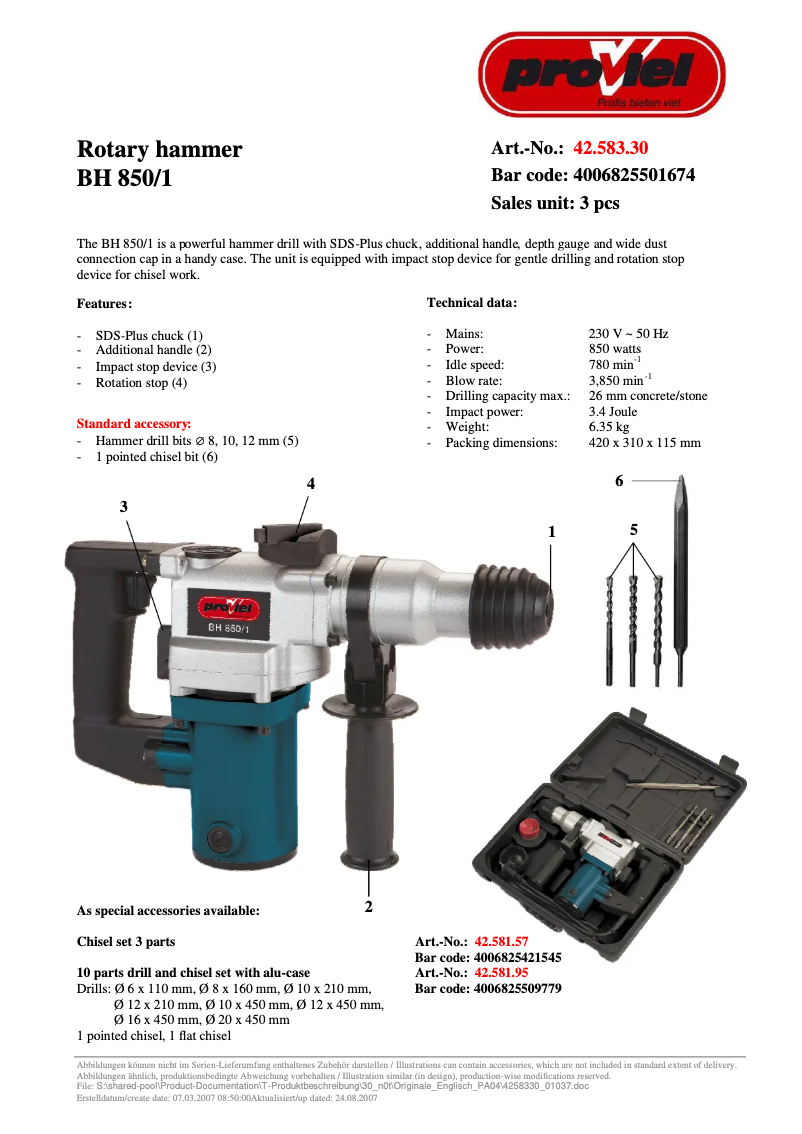 Page n°1 - Manuel utilisateur Proviel BH 850/1
