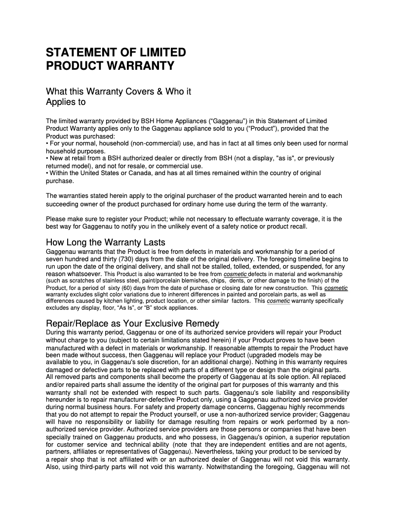 Page n°1 - Informations de garantie Gaggenau VG491211CA