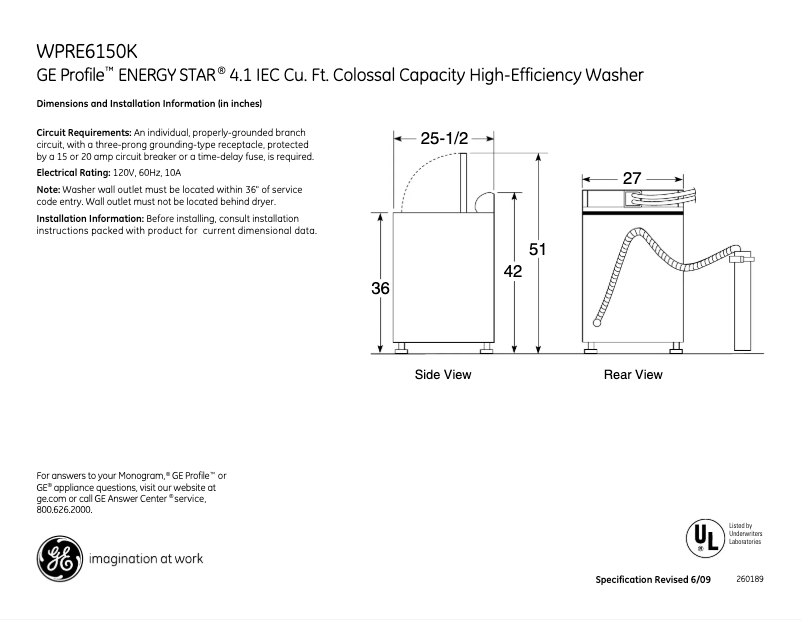 Page 1 de la notice Fiche technique GE WPRE6150KWT