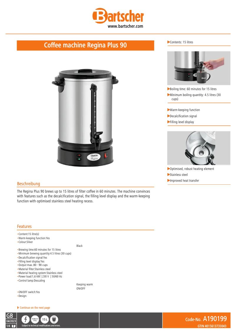 Page n°1 - Fiche technique Bartscher Regina Plus 90