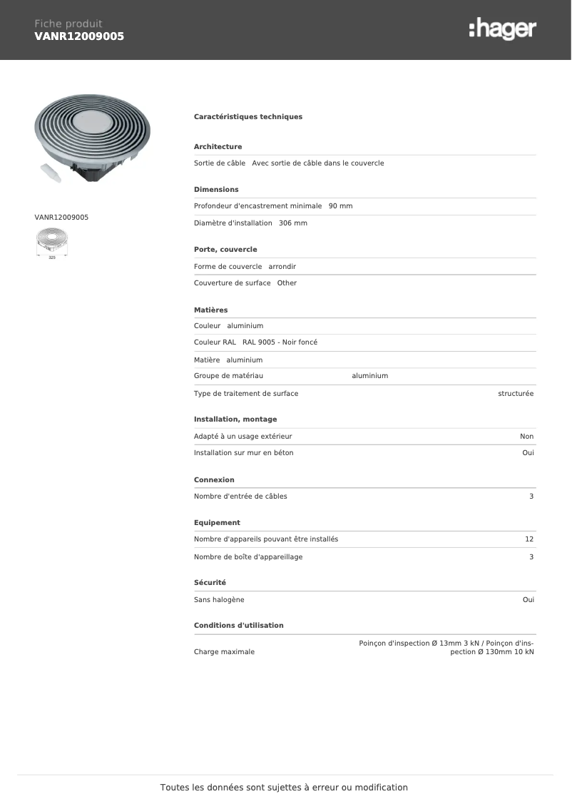 Page 1 de la notice Manuel utilisateur Hager VANR12009005