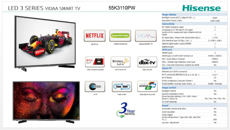 Page 1 de la notice Fiche technique Hisense 55K3110PW