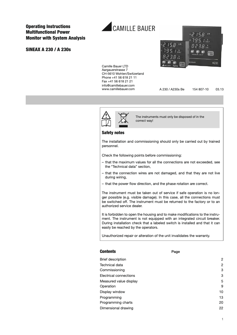 Page n°1 - Manuel utilisateur Camille Bauer Sineax A230