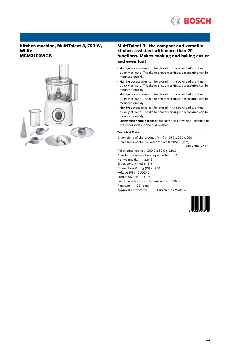 Page n°1 - Fiche technique Bosch MCM3100WGB
