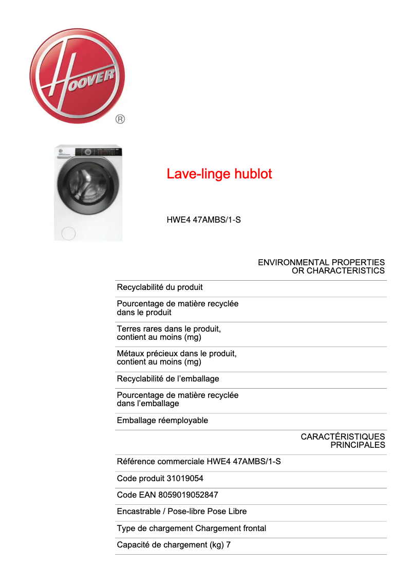 Page n°1 - Fiche technique Hoover HWE4 47AMBS/1-S