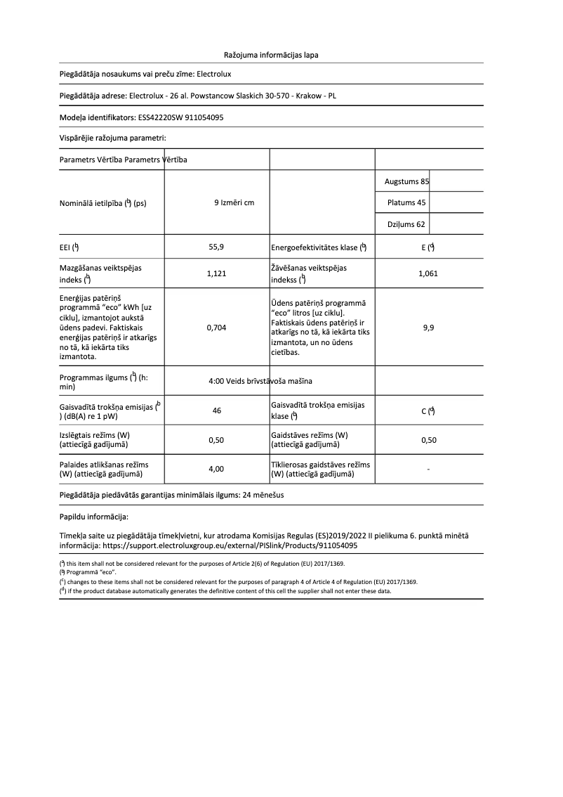 Page 1 de la notice Fiche technique Electrolux ESS42220SW