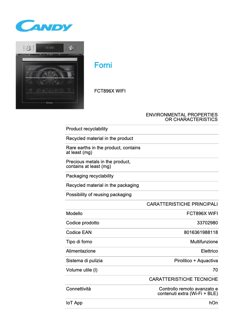 Page 1 de la notice Fiche technique Candy FCT896X WIFI