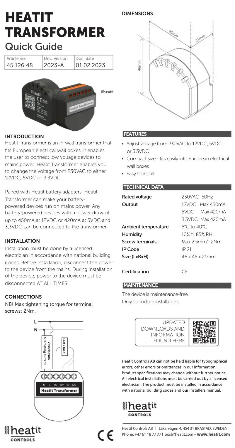 Page n°1 - Manuel utilisateur Heatit Transformer