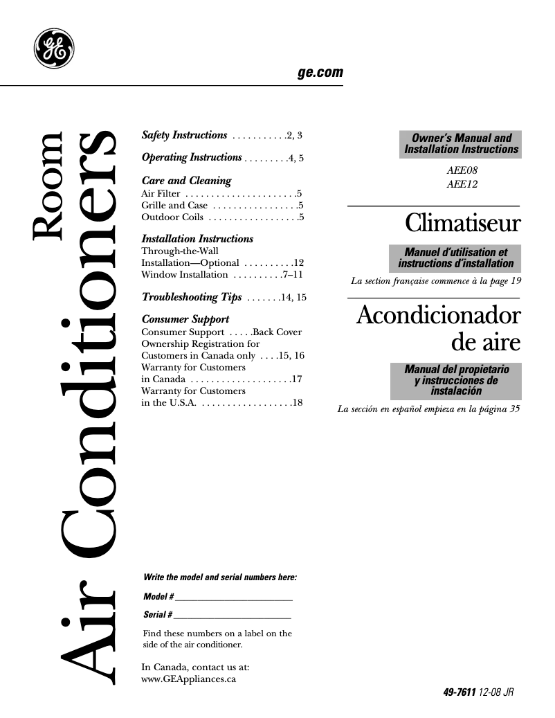 Page n°1 - Mode d'emploi GE AEE08AS