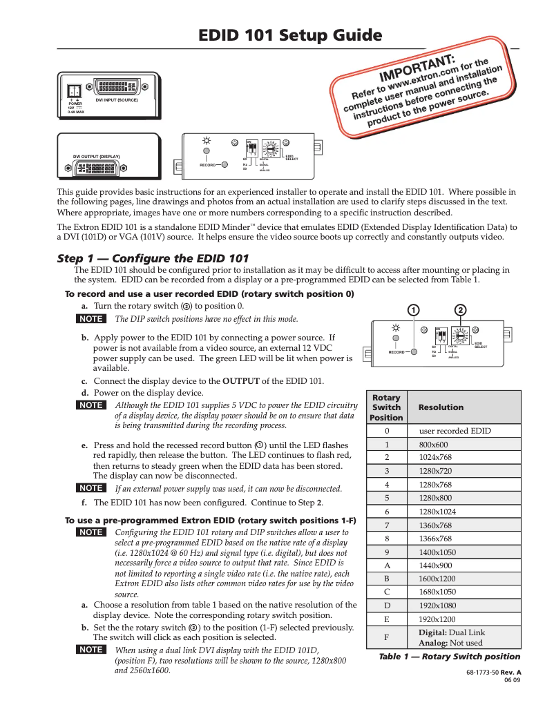Page 1 de la notice Manuel utilisateur Extron EDID 101V