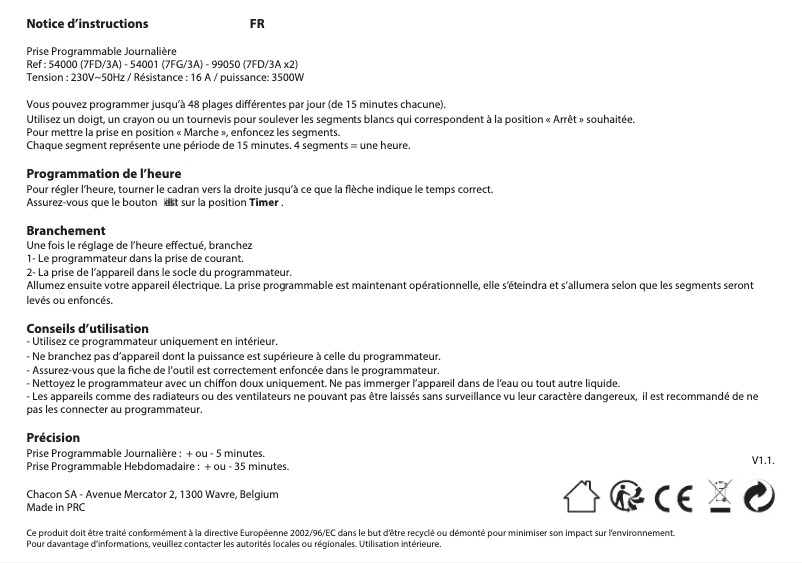 Page 1 de la notice Manuel utilisateur Chacon 54000