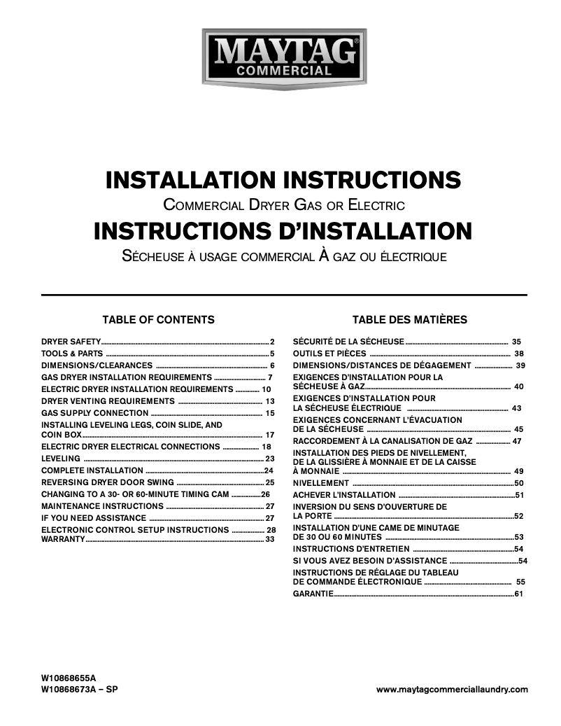 Page 1 de la notice Guide d'installation Maytag MDG20PRAWW