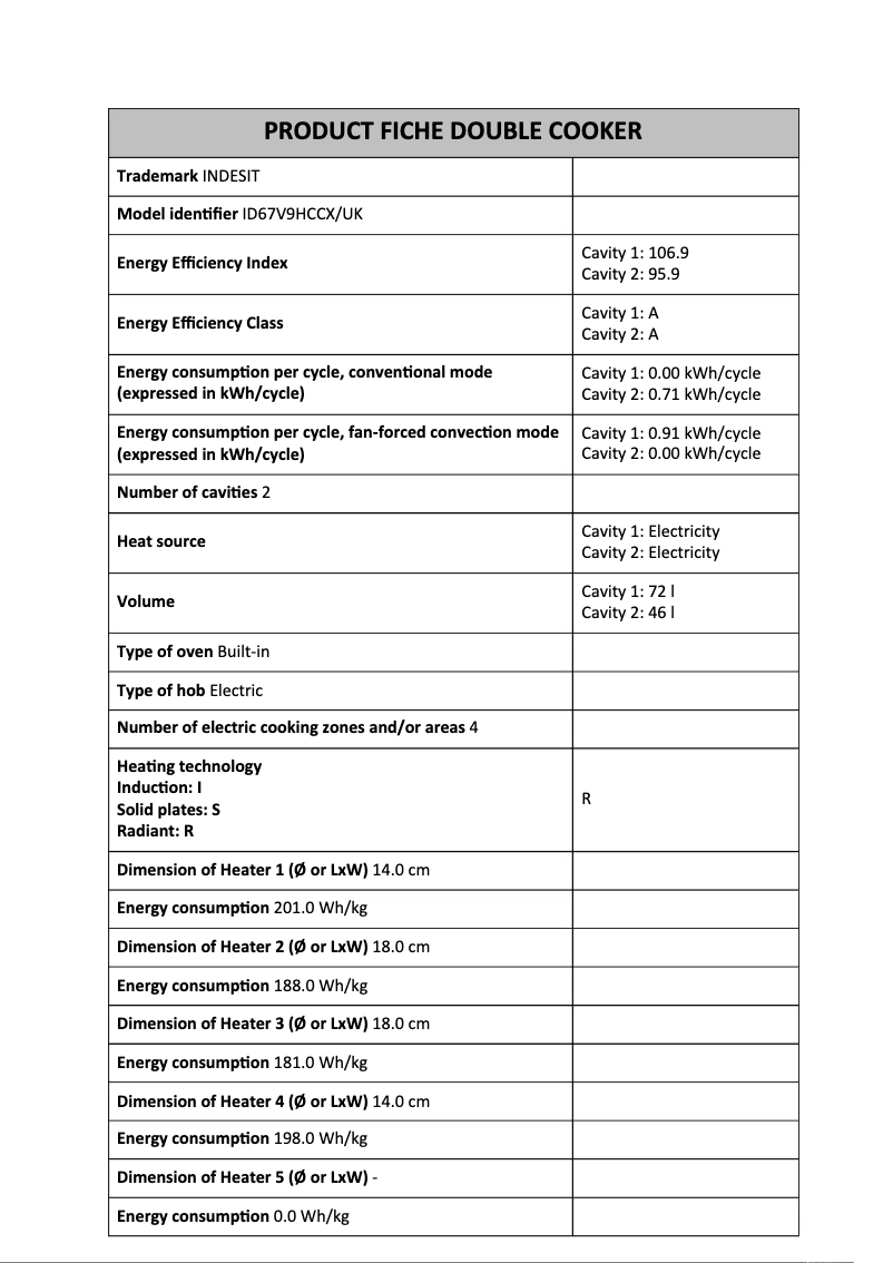Page n°1 - Fiche technique Indesit ID67V9HCCX