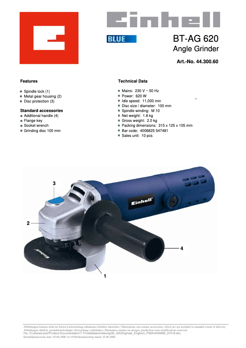 Page n°1 - Manuel utilisateur Einhell BT-AG 620