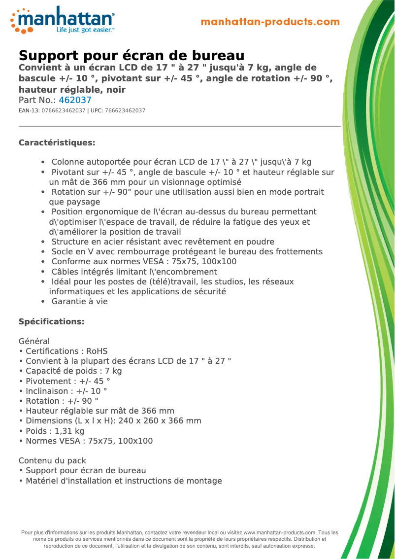 Page 1 de la notice Fiche technique Manhattan 462037
