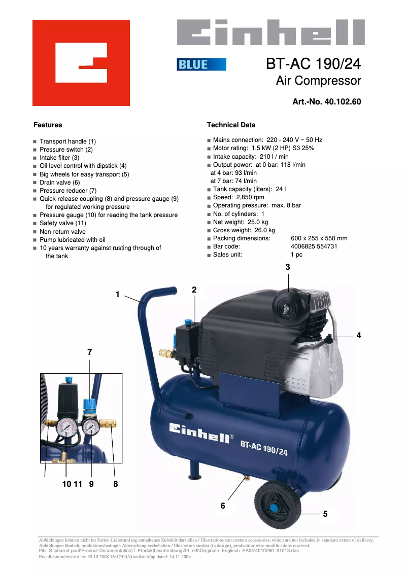 Page n°1 - Manuel utilisateur Einhell BT-AC 190/24