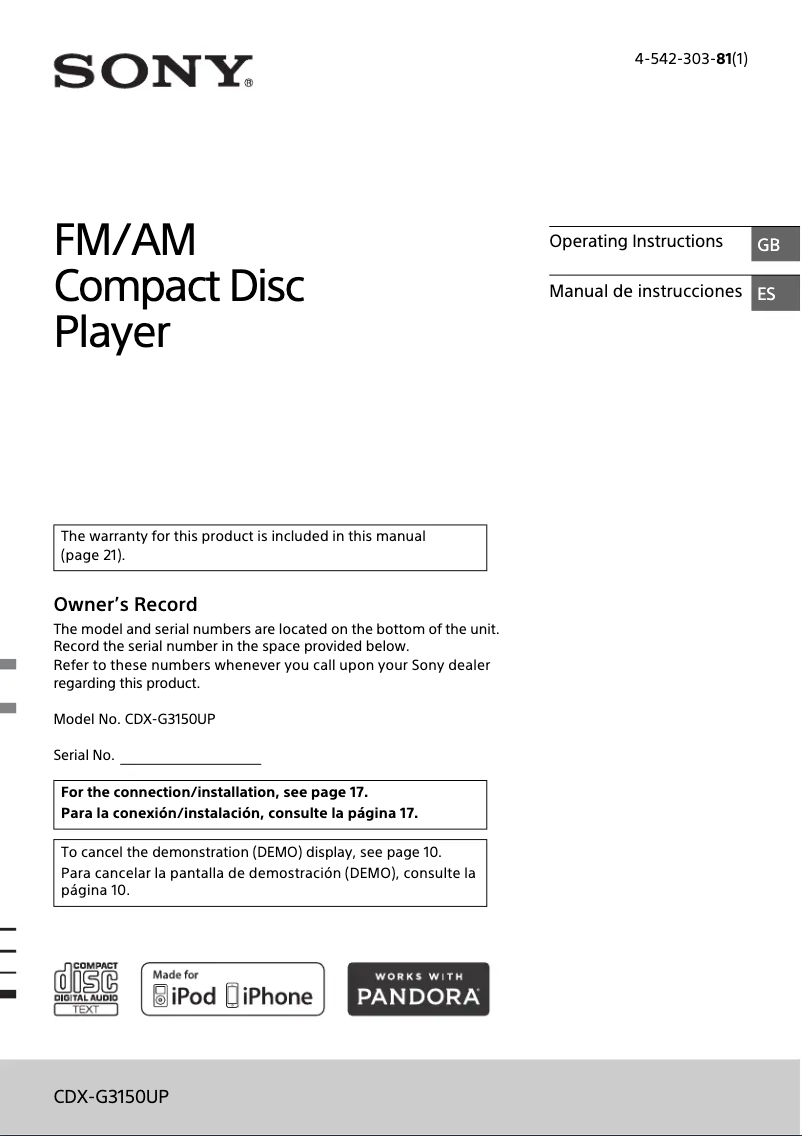 Page 1 de la notice Manuel utilisateur Sony CDX-G3150UP