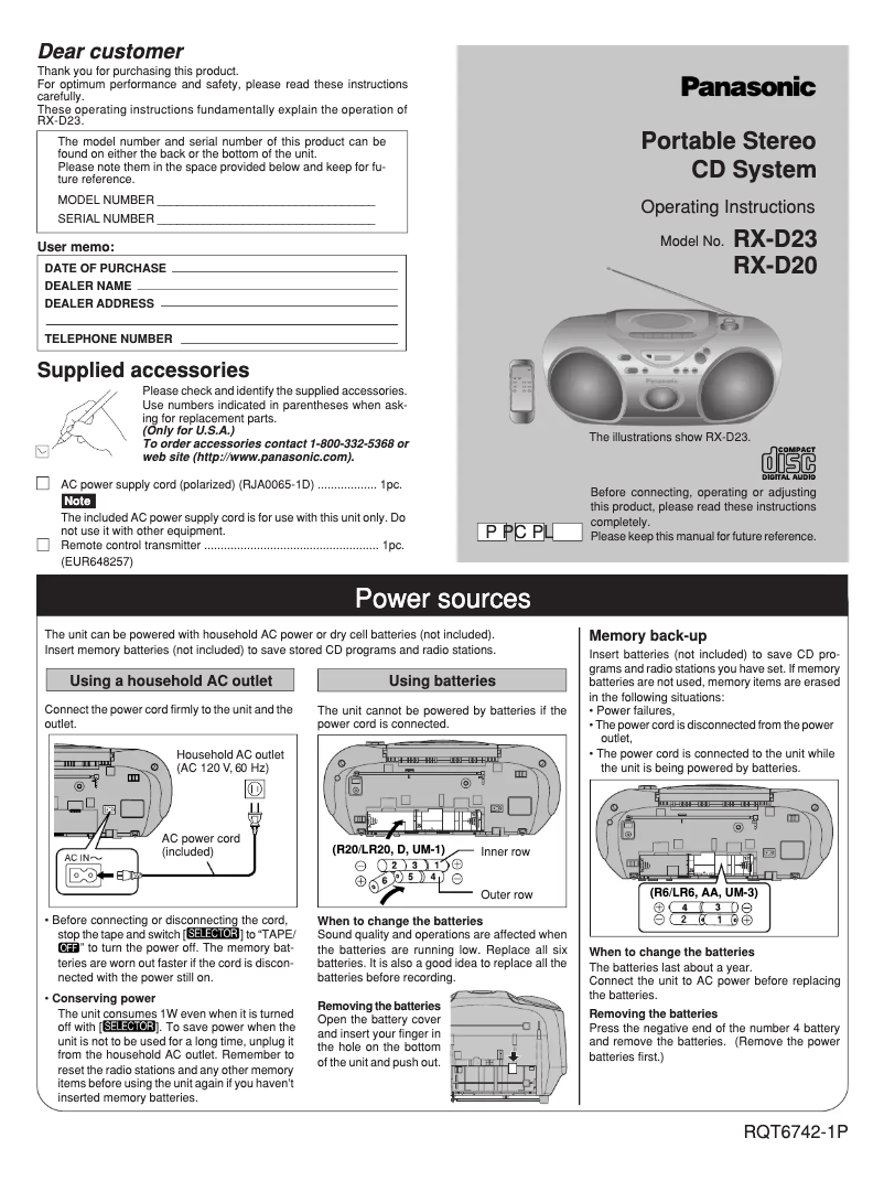 Page 1 de la notice Manuel utilisateur Panasonic RX-D23