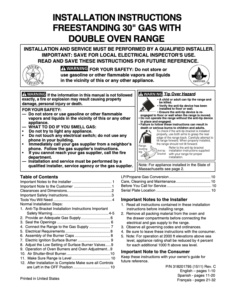 Page n°1 - Guide d'installation Frigidaire FGGF304DPF