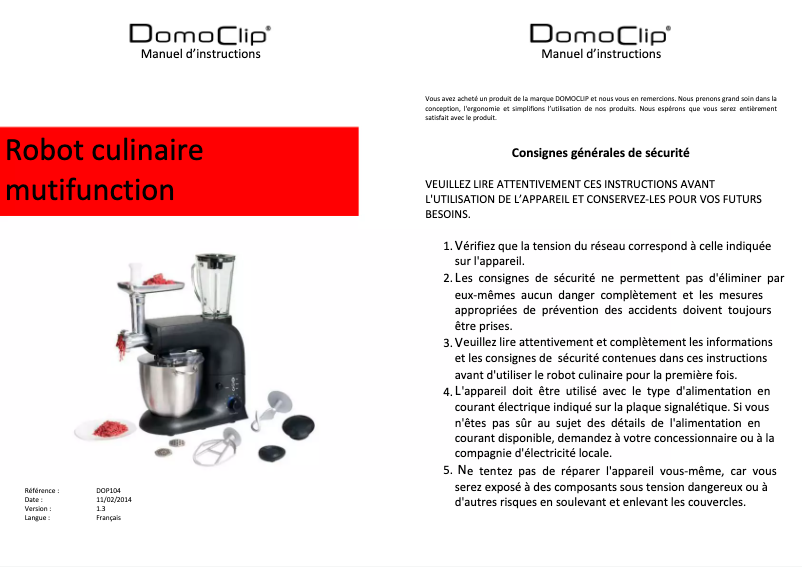 Page n°1 - Manuel utilisateur Domoclip DOP104