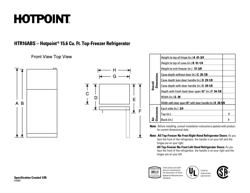 Page 1 de la notice Fiche technique Hotpoint HTR16ABSRBB
