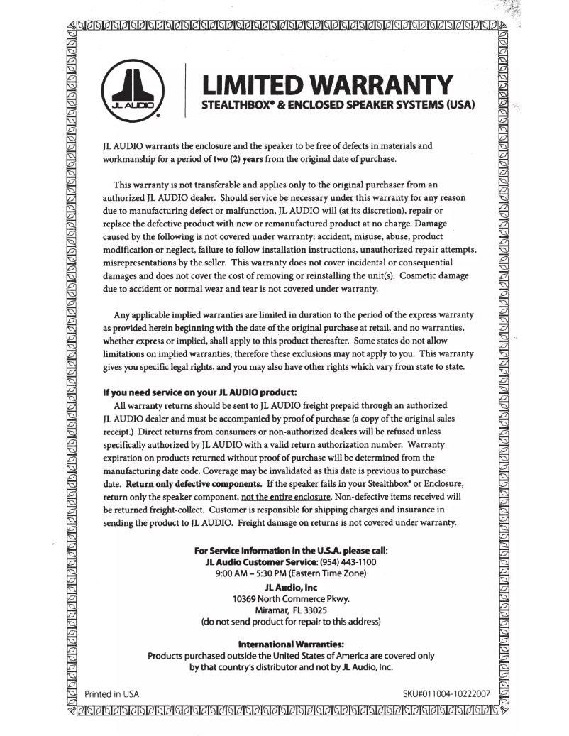 Page 1 de la notice Manuel utilisateur JL Audio HO112-W6v3